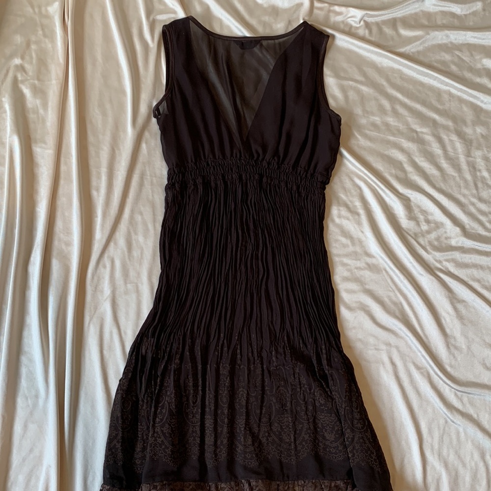 Chocolate Brown Sheer Midi V-Neck Dress | Mesh Pleated A-line Dress | Size S / M - Picture 5 of 11
